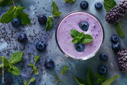 Top view of a purple summer smoothie or milkshake made with mint, yogurt, and blueberries, presented in a glass with ingredients laid out on a grey concrete table