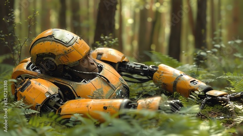 A deactivated robot lies amongst the ferns in a forest clearing.