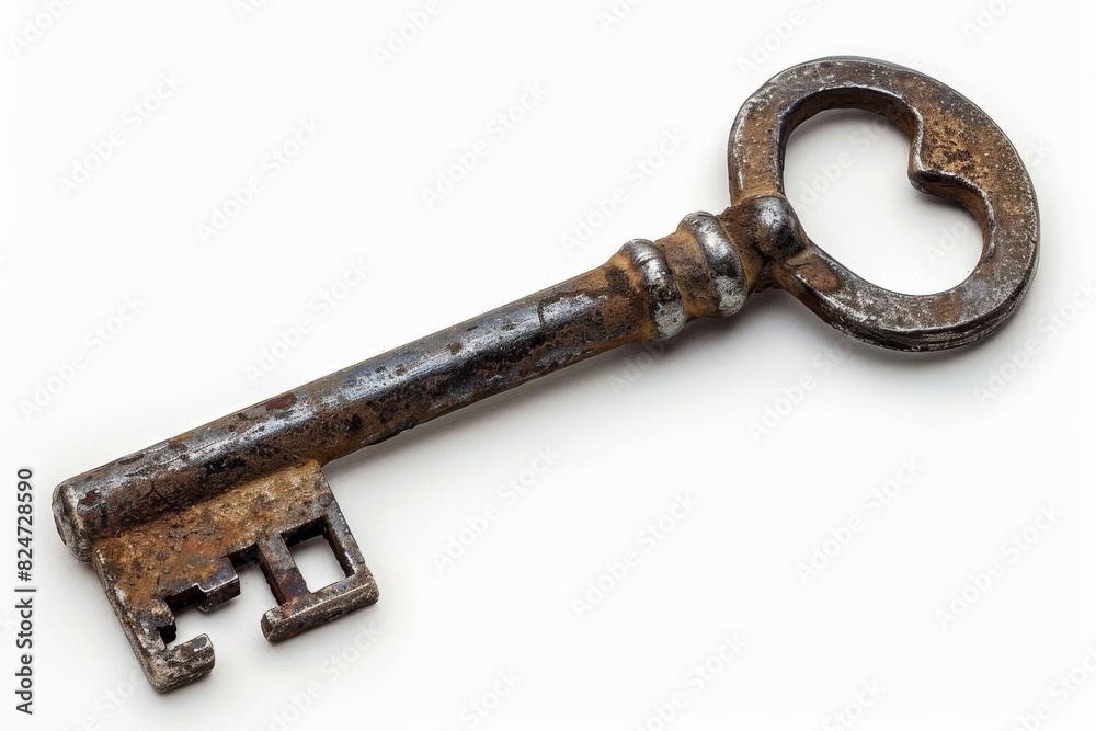 Close-up of an antique, rusty skeleton key with a round bow on a white background, perfect for vintage or historic themes. Close-up of an antique, rusty skeleton key with a round bow on a white background, perfect for vintage or historic themes.