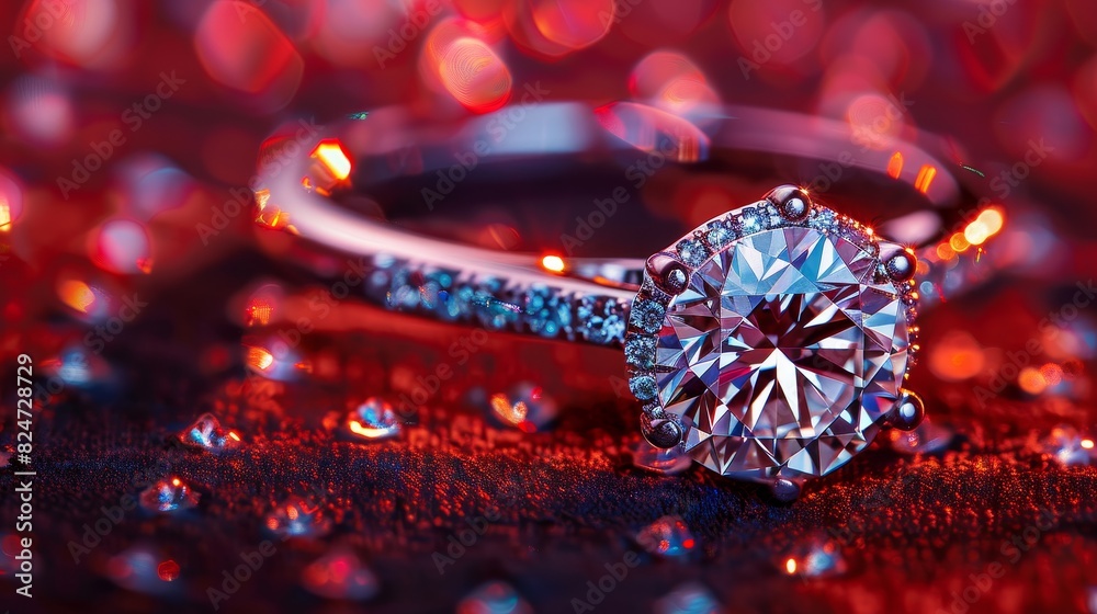 A beautiful diamond ring is sitting on a red surface. The ring is made of white gold and has a large, round diamond in the center. The diamond is surrounded by smaller diamonds. A beautiful diamond ring is sitting on a red surface. The ring is made of white gold and has a large, round diamond in the center. The diamond is surrounded by smaller diamonds.