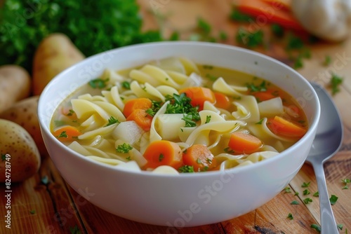 Vegetarian or vegan vegetable soup containing pasta as the first course, with ingredients like broth, potato, cauliflower, onion, carrot, and celery,