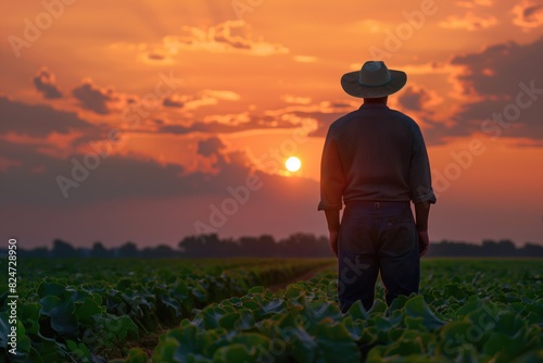 a farmer standing in a field at sunset