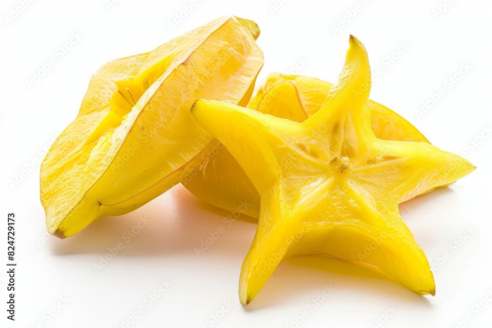 Close-up of fresh, ripe starfruit slices on a white background, showcasing the vibrant yellow color and unique star-like shape. Close-up of fresh, ripe starfruit slices on a white background, showcasing the vibrant yellow color and unique star-like shape.