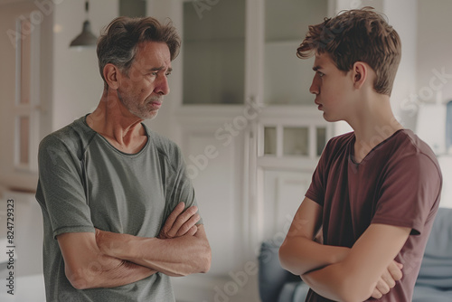 Father and teenage son are arguing at home. Son tells his arguments to father  and father stands with his arms crossed and looks angrily at teenager. Family conflict  quarrel  parenthood .