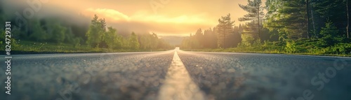 Scenic road view at sunrise with sun rays illuminating the misty forest, creating a beautiful and serene atmosphere.