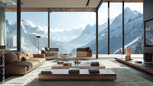 A modern living room with floor-to-ceiling windows overlooking a dramatic mountain landscape, featuring sleek photo
