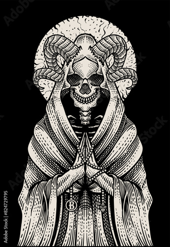 Illustration demon skull with engraving hand drawn style - Vector Eps 10