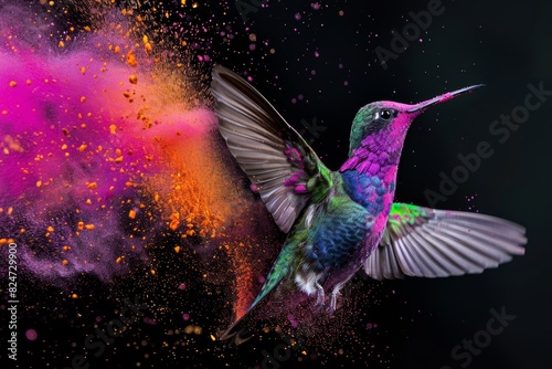 Vivid Hummingbird in Flight Amidst Colorful Powder Bursts, Highlighting the Intricate Details and Dynamic Motion of Nature's Most Agile Bird