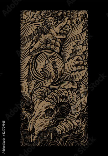 Gothic illustration goat skull with demon and angel engraving ornament hand drawn - Vector Eps 10