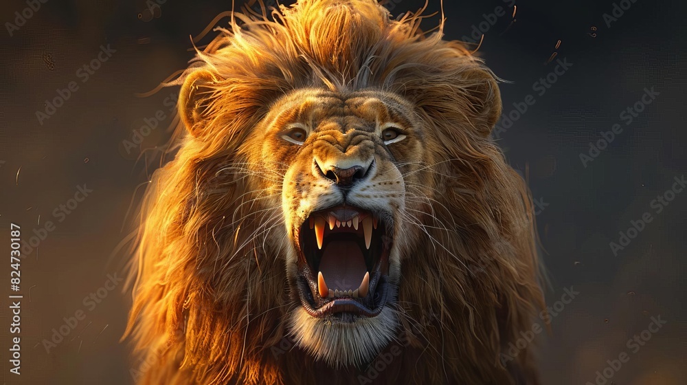 Fototapeta premium A lion roars in the middle of a dark forest. The lion's mane is blowing in the wind and its teeth are bared. The background is dark and out of focus.