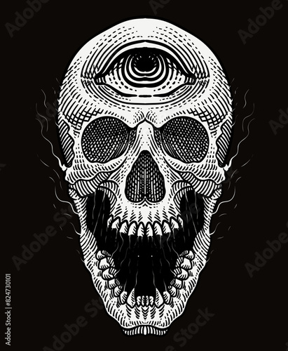 Illustration hand drawn skull head with engraving style - Vector Eps 10