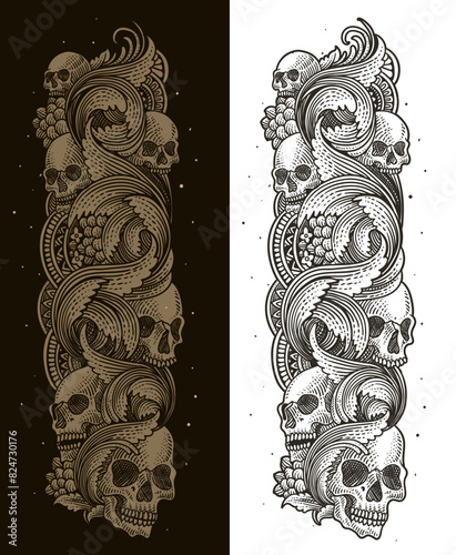 Illustration hand drawn skull engraving ornament - Vector Eps 10