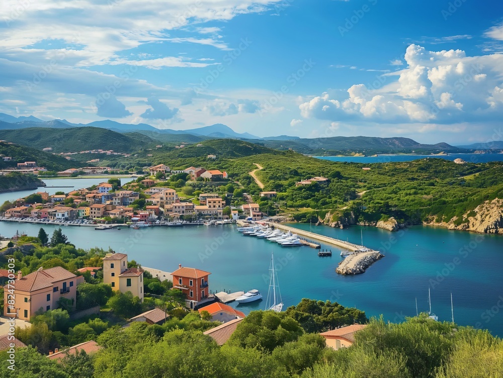 Picturesque coastal village with colorful houses, marina, and lush green hills under a vibrant blue sky.