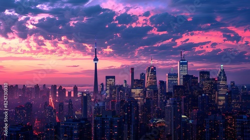A beautiful cityscape of Toronto, Canada. The setting sun casts a pink and purple glow over the city.