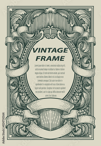 Vintage border frame engraving with antique ornament pattern - Vector Design