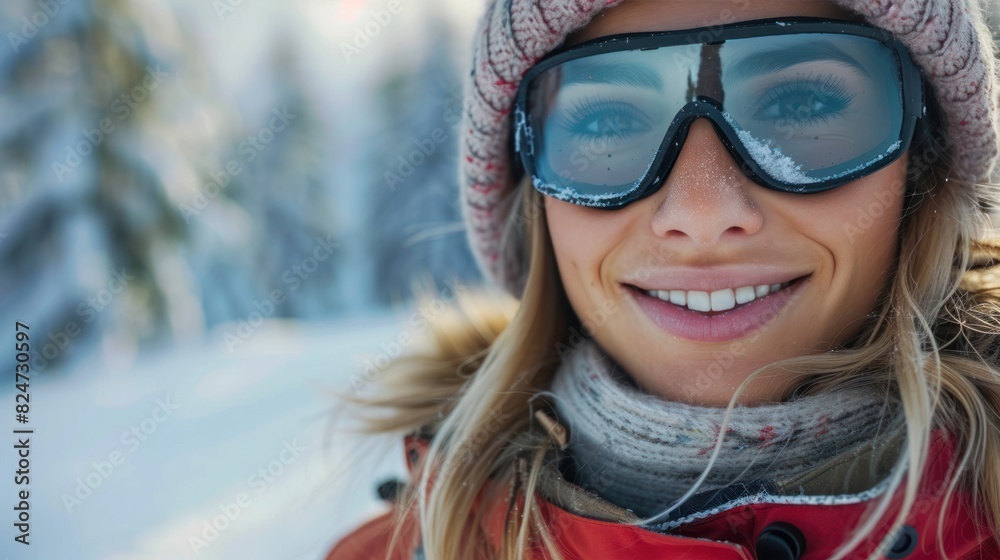 A happy beautiful girl is snowboarding at a ski mountain A happy beautiful girl is snowboarding at a ski mountain