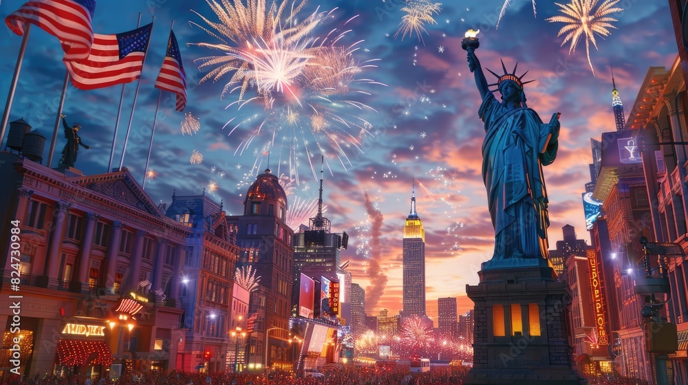 Fototapeta premium Illustration of the Statue of Liberty with an American flag and fireworks in the background. a symbol of America