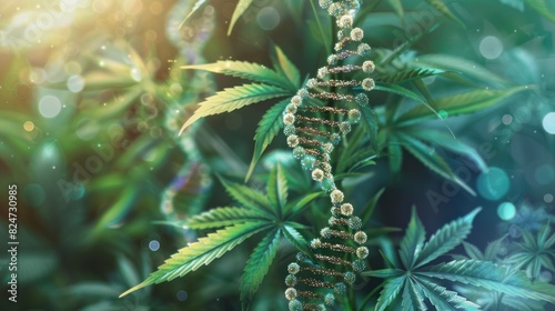 Cannabis leaf intertwined with a DNA strand Genetic research and tailored medicine