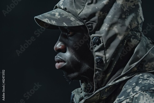 Honorable Black soldier. Person face army. Generate Ai