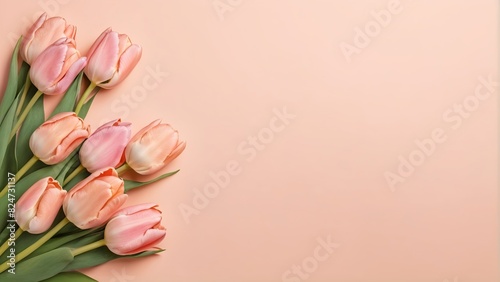 bouquet of pink tulip flowers, flower frame on peach background, Greeting floral card template with copy space, Summer Background, Birthday, Valentine’s Day, Flat lay, top view, space for text 