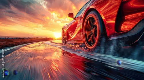 Red sports car drives through a curve with water on the road at sunset. photo