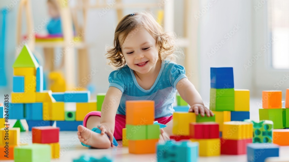 Happy Child playing with colorful toy blocks, white room Happy Child playing with colorful toy blocks, white room
