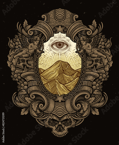 Illustration mountain with eyes in the sky on engraving ornament frame - Vector Eps 10