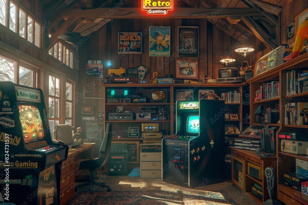 A vibrant room filled with an array of games illuminated by a neon sign, creating an inviting and lively atmosphere for gamers and enthusiasts.