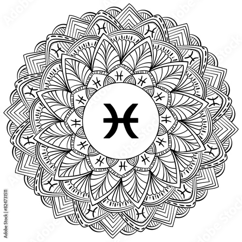 Zodiac mandala Pisces, fantasy coloring page with astrological sign and meditative waves