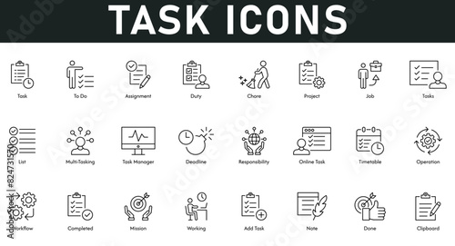 Task Icons vector illustration with thin line editable stroke containing assignment, duty, chore, project, job, tasks, list, multitasking, task manager, deadline, responsibility, timetable, operation