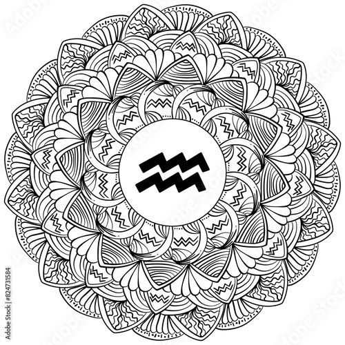 Zodiac mandala Aquarius, fantasy coloring page with astrological sign and meditative abstractions