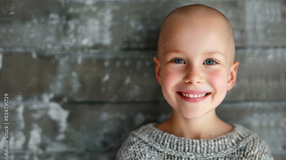A child battling cancer. Portrait of the girl patient after chemotherapy. A smiling child without hair on her head. Bokeh in the background. International Childhood Cancer Day