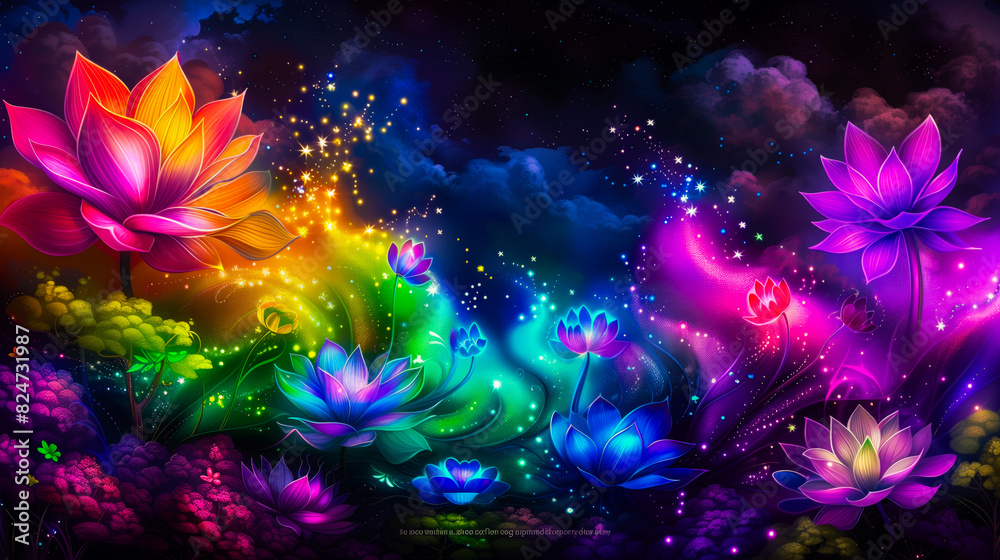 Neon fairy tale forest with luminous flowers, mystery path in dark magical woods, glowing plants and lights in wonderland. Concept of fantasy night, beauty, nature, landscape, art. Generative ai Neon fairy tale forest with luminous flowers, mystery path in dark magical woods, glowing plants and lights in wonderland. Concept of fantasy night, beauty, nature, landscape, art. Generative ai
