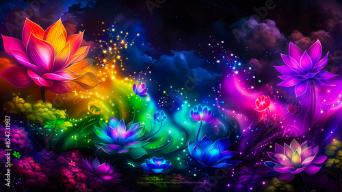 Neon fairy tale forest with luminous flowers  mystery path in dark magical woods  glowing plants and lights in wonderland. Concept of fantasy night  beauty  nature  landscape  art. Generative ai