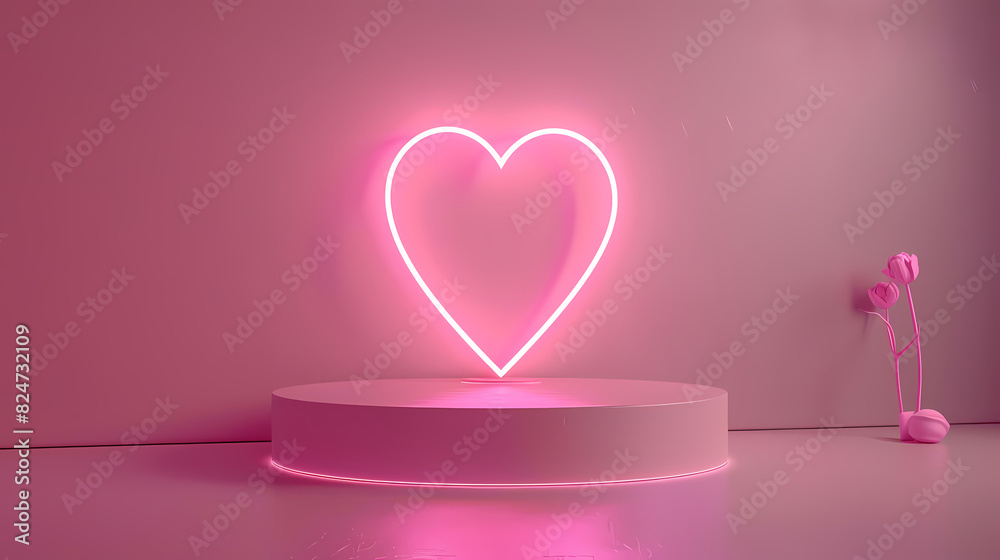 3D heart shaped neon light on pink podium