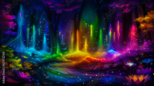 Neon fairy tale forest with luminous flowers, mystery path in dark magical woods, glowing plants and lights in wonderland. Concept of fantasy night, beauty, nature, landscape, art. Generative ai