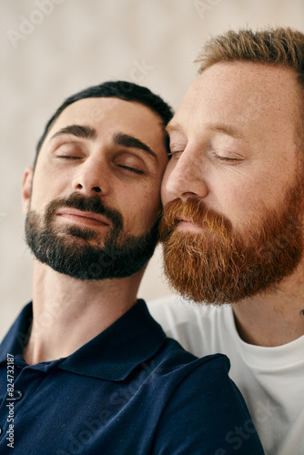 Two men with beards hugging each other in a warm embrace, expressing deep connection and love in a modern living room.