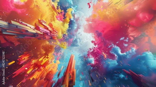 The image is an abstract painting. It is full of bright colors and has a lot of energy. It would be a great addition to any home or office. photo