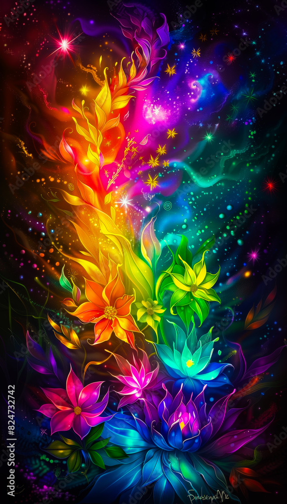 Neon fairy tale forest with luminous flowers, mystery path in dark magical woods, glowing plants and lights in wonderland. Concept of fantasy night, beauty, nature, landscape, art. Generative ai Neon fairy tale forest with luminous flowers, mystery path in dark magical woods, glowing plants and lights in wonderland. Concept of fantasy night, beauty, nature, landscape, art. Generative ai