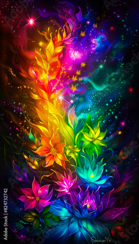 Neon fairy tale forest with luminous flowers  mystery path in dark magical woods  glowing plants and lights in wonderland. Concept of fantasy night  beauty  nature  landscape  art. Generative ai