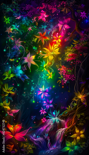 Neon fairy tale forest with luminous flowers  mystery path in dark magical woods  glowing plants and lights in wonderland. Concept of fantasy night  beauty  nature  landscape  art. Generative ai