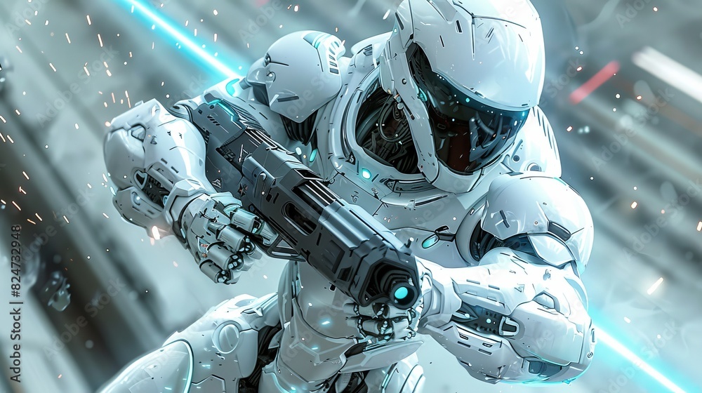 The image shows a soldier wearing a futuristic armor and a helmet, holding a gun. The soldier is running in a snowy environment. The image shows a soldier wearing a futuristic armor and a helmet, holding a gun. The soldier is running in a snowy environment.