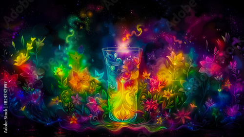 Neon fairy tale forest with luminous flowers  mystery path in dark magical woods  glowing plants and lights in wonderland. Concept of fantasy night  beauty  nature  landscape  art. Generative ai