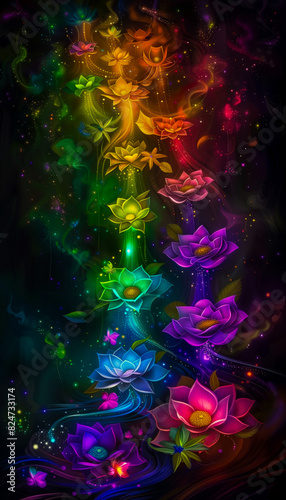 Neon fairy tale forest with luminous flowers, mystery path in dark magical woods, glowing plants and lights in wonderland. Concept of fantasy night, beauty, nature, landscape, art. Generative ai