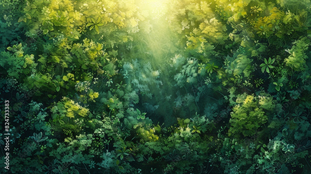 The lush green foliage of the forest creates a dense canopy, filtering the sunlight into a dappled pattern on the forest floor. The lush green foliage of the forest creates a dense canopy, filtering the sunlight into a dappled pattern on the forest floor.