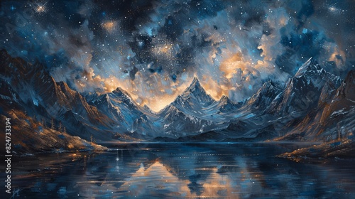 The majestic mountain range is reflected in the calm lake below, while the sky above is filled with stars. photo