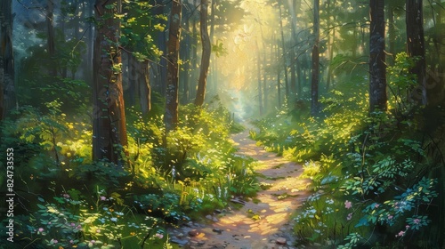 The photo shows a beautiful forest with a path leading through it