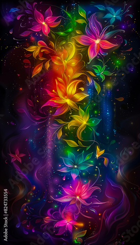 Neon fairy tale forest with luminous flowers, mystery path in dark magical woods, glowing plants and lights in wonderland. Concept of fantasy night, beauty, nature, landscape, art. Generative ai