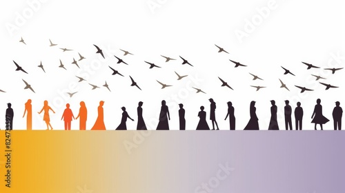 Inclusive social and diversity concept. Vector flat illustration set. Colour icon of exclusion, segregation, integration, inclusuion and unification symbol isolated on white. Human crows silhouette photo