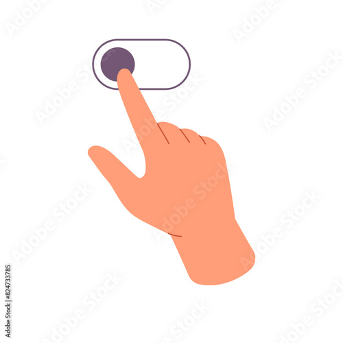 Person slides to switch on or off. Flick left tutor for touchscreen devices. Swipes on touch screen with finger. Sensor interface control with hand gesture. Flat isolated vector illustration on white